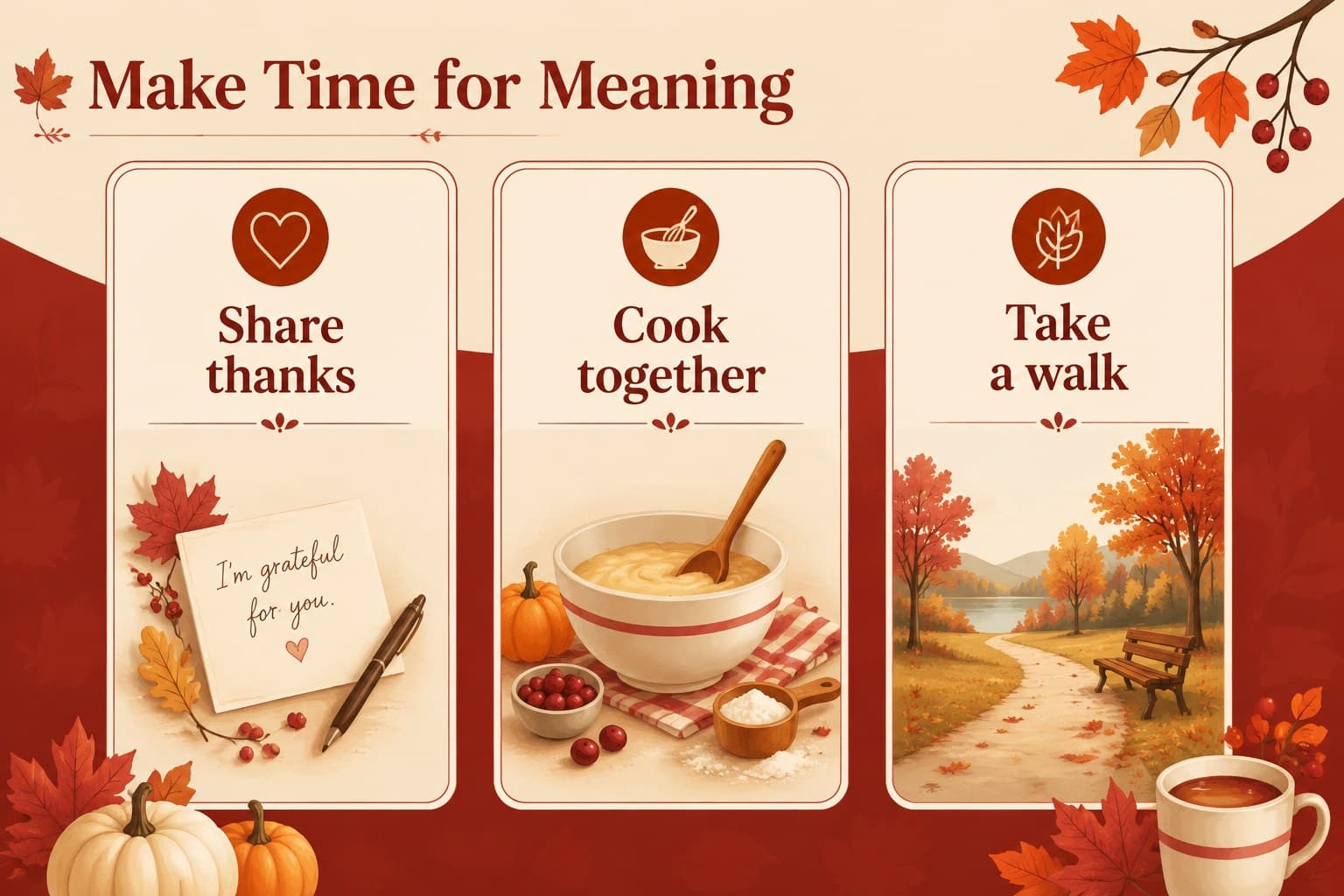 Thanksgiving activity ideas slide with illustrated cards for gratitude, cooking, and outdoor walks.