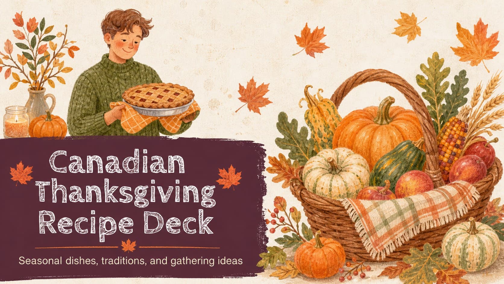 Cover slide for a Canadian Thanksgiving recipe deck with orange and green harvest illustrations.