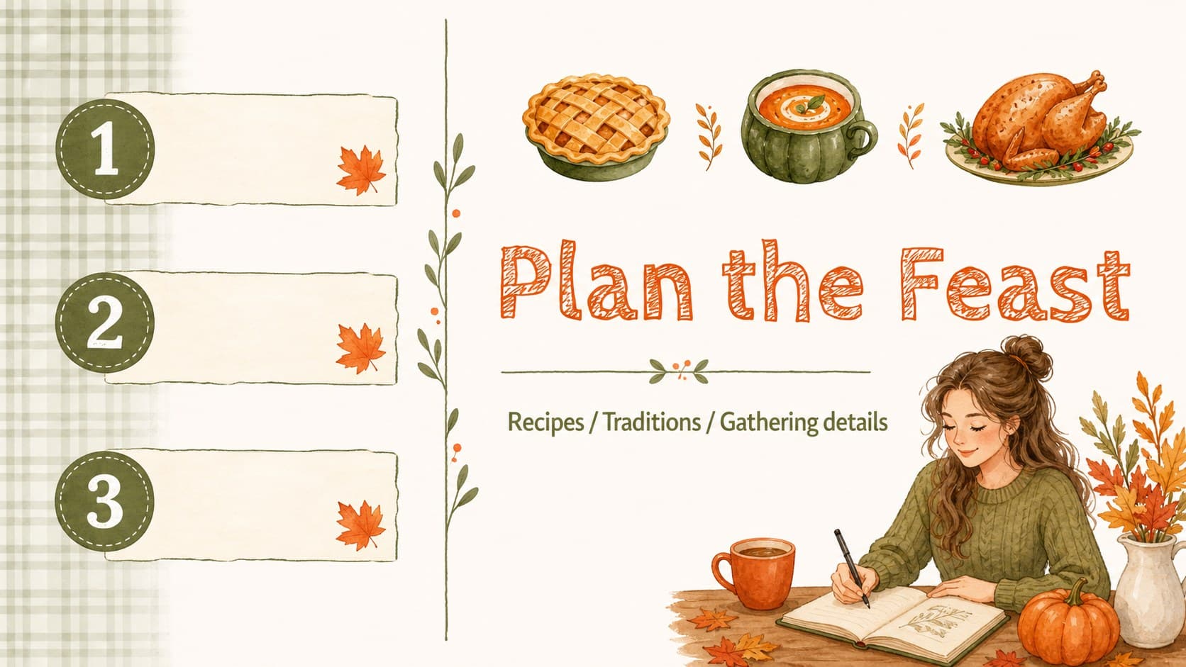 Agenda slide organizing recipes, traditions, and event planning for a Canadian Thanksgiving presentation.