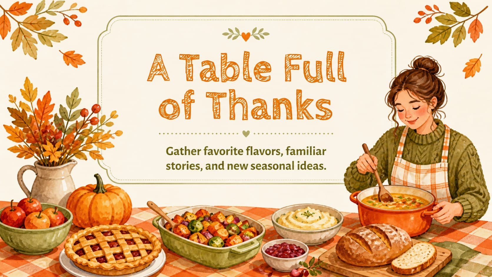 Recipe introduction slide presenting a warm harvest table for an editable harvest recipe slideshow.