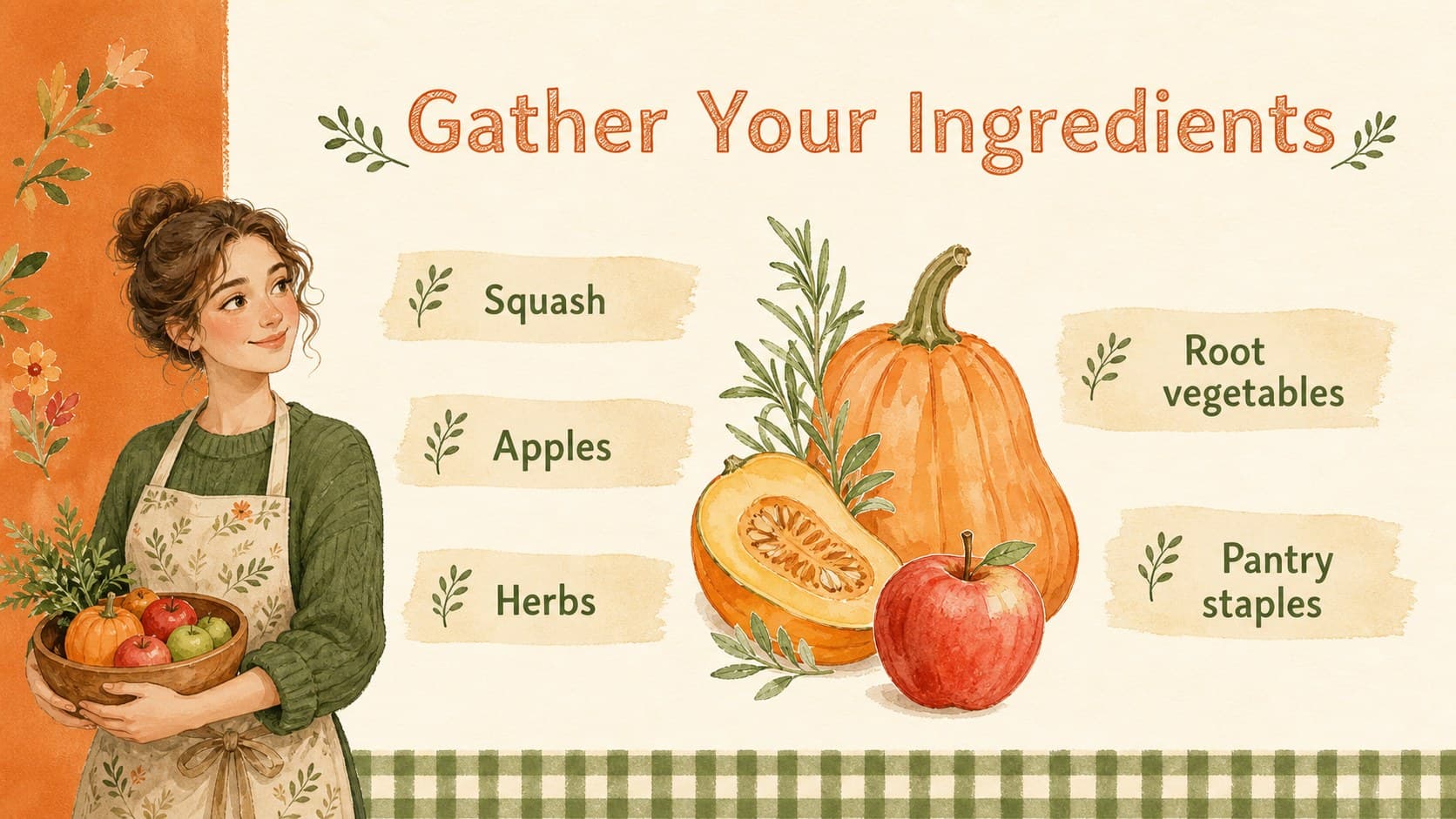 Ingredient list slide with illustrated vegetables and pantry staples for a Thanksgiving menu presentation template.