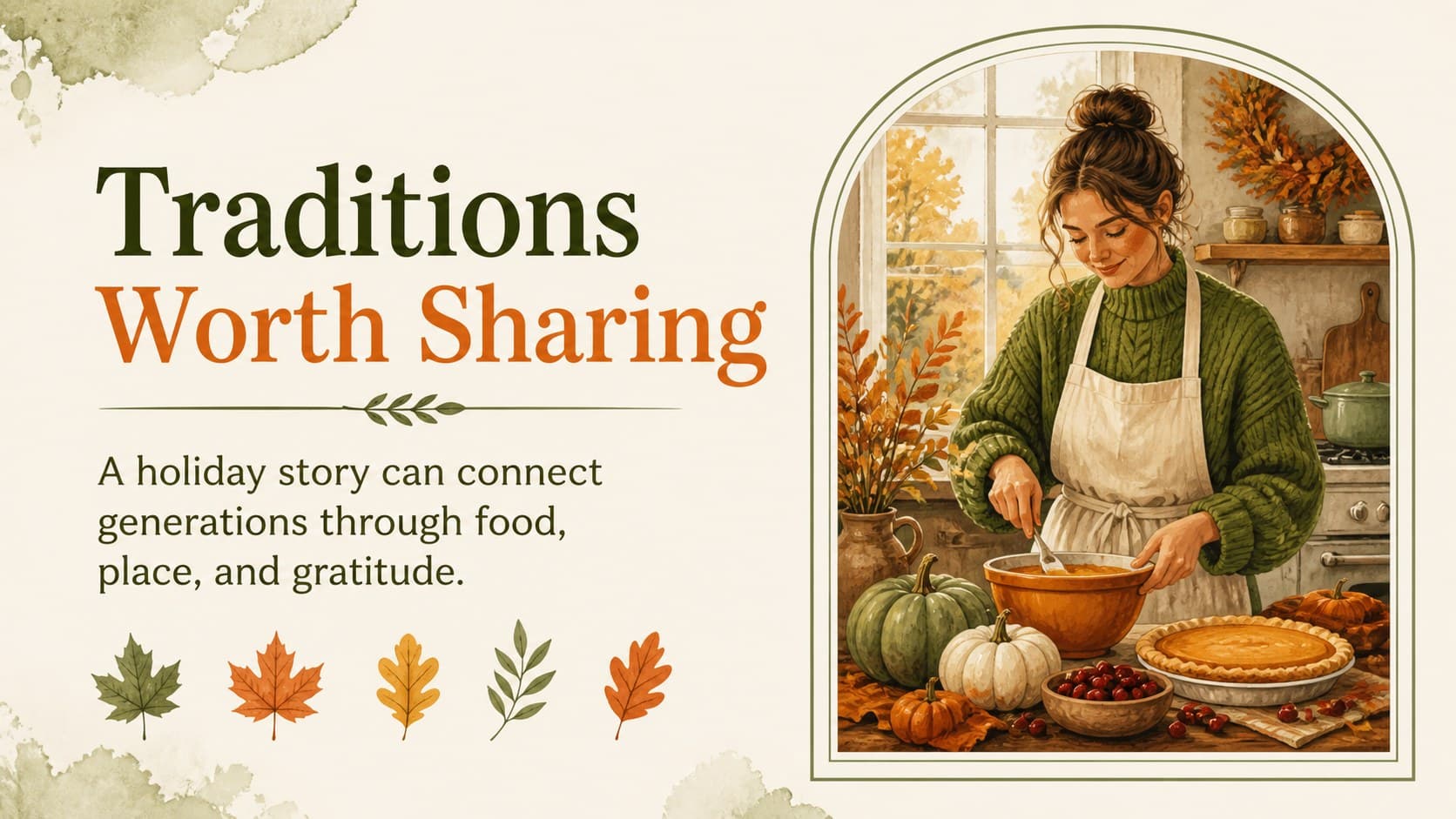 Tradition story slide highlighting Canadian Thanksgiving customs with illustrated seasonal details.