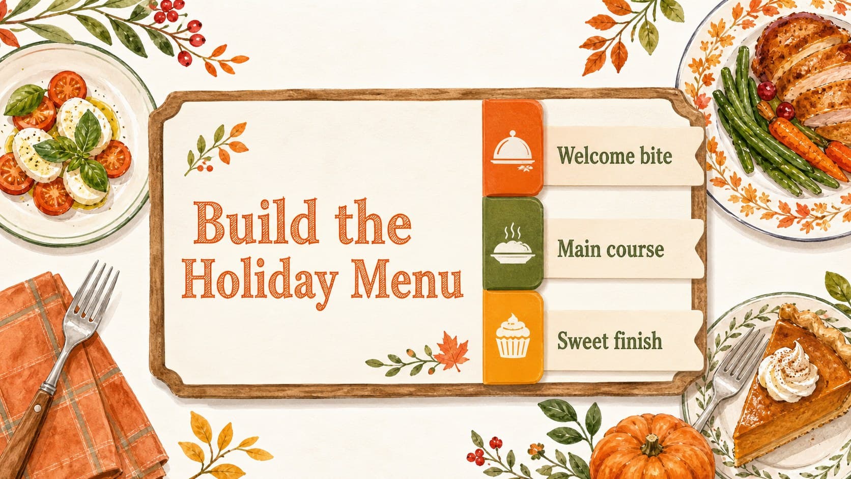 Menu planning slide arranging courses and serving times for a family Thanksgiving event presentation.