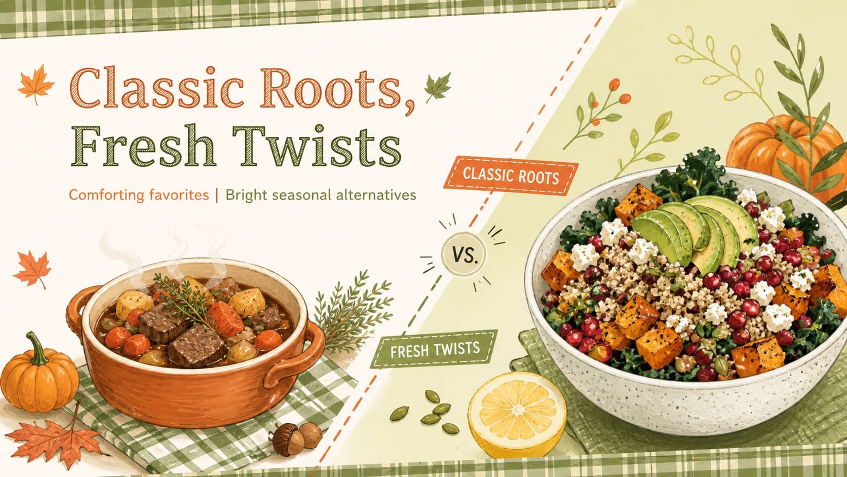 Comparison slide contrasting classic and fresh seasonal recipes in an orange and green harvest design.