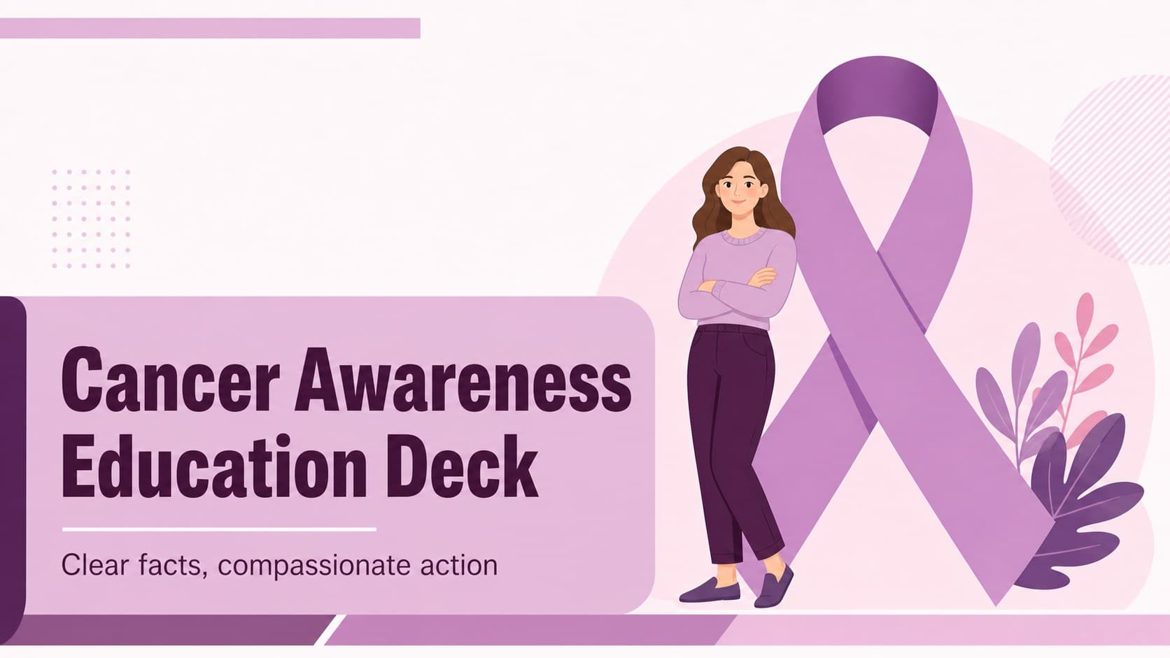 Purple and pink cover slide for a cancer awareness education deck with an illustrated health communication layout.
