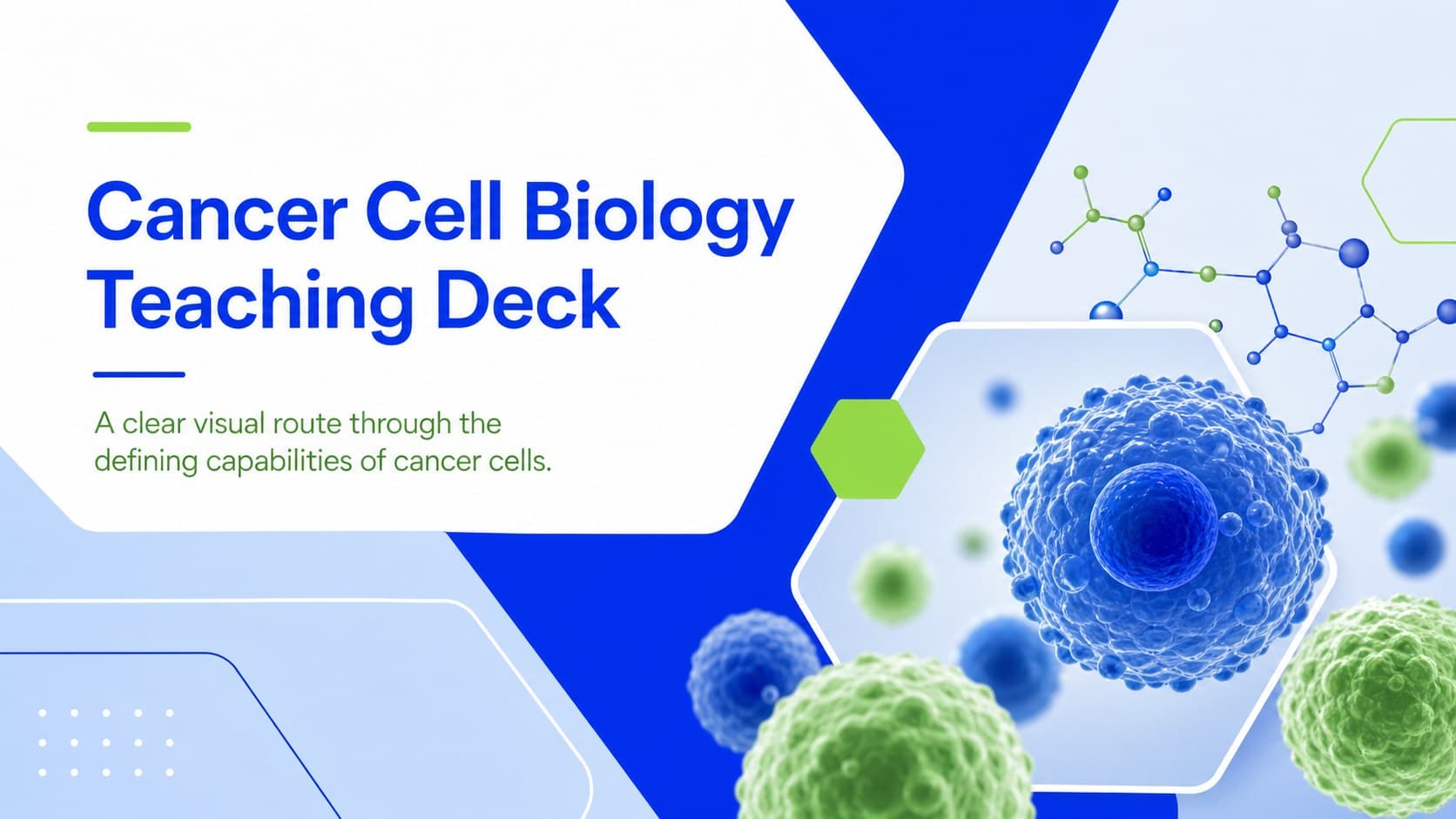 Cover of the Cancer Cell Biology Teaching Deck with modern geometric cell graphics in blue, green, and white.