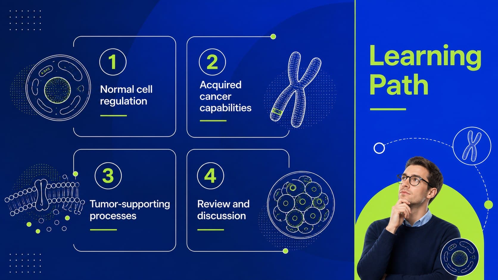 Agenda slide outlining the main topics in a cancer biology presentation for students.