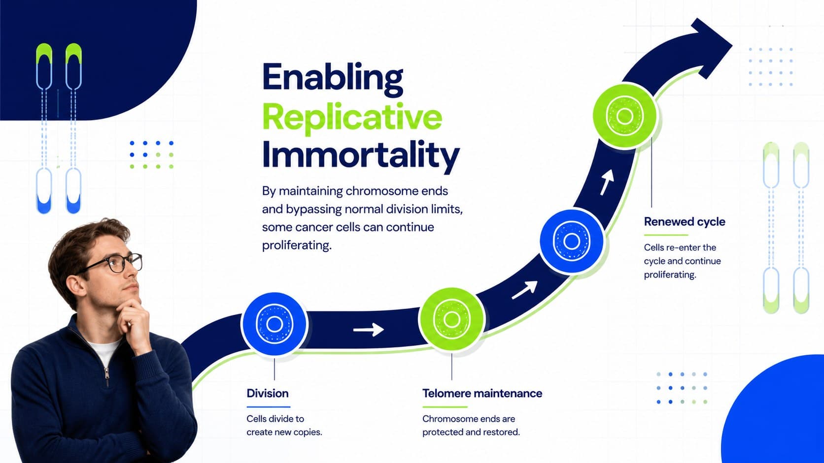Tumor development classroom slide depicting replicative immortality and repeated cell division.