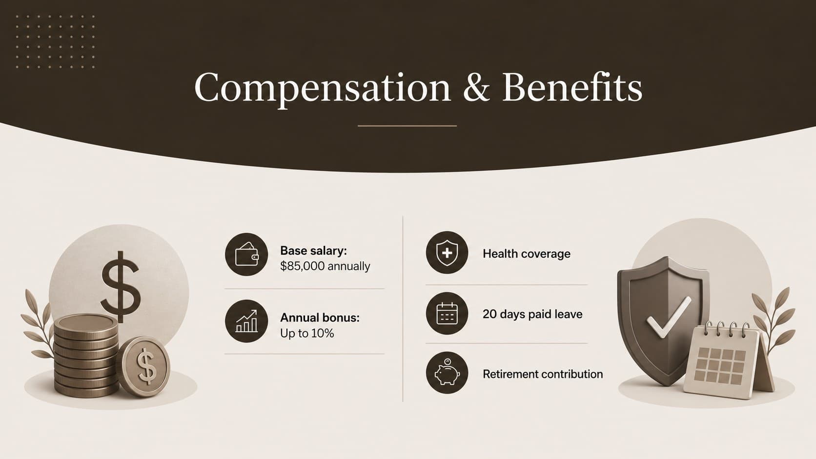 Salary and benefits offer presentation slide showing base pay, bonus eligibility, leave, health coverage, and retirement benefits.