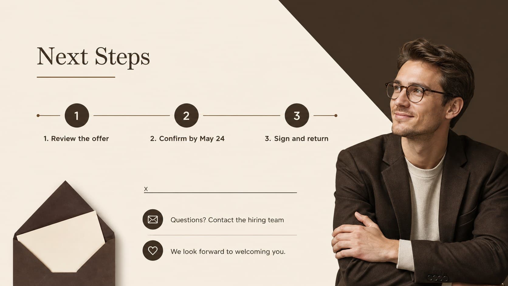 Formal candidate offer deck closing slide with review, acceptance, signature, and hiring contact steps.