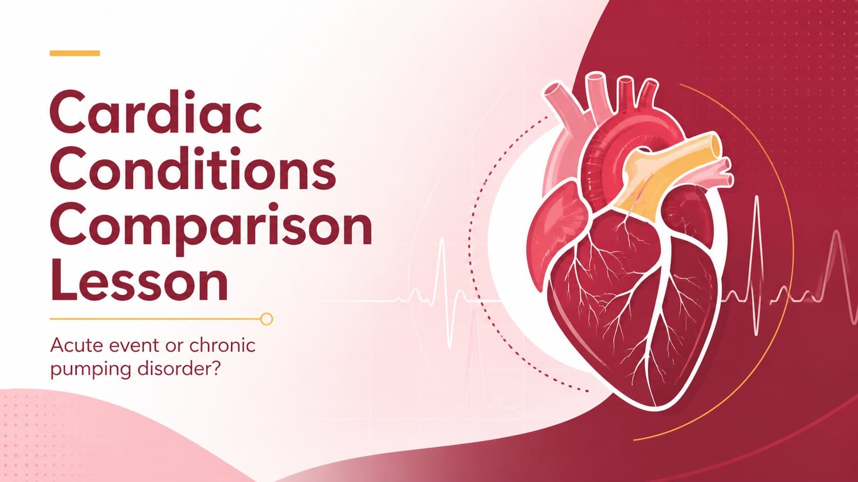 Cover of a Cardiac Conditions Comparison Lesson with contrasting heart health symbols in red, pink, white, and yellow.