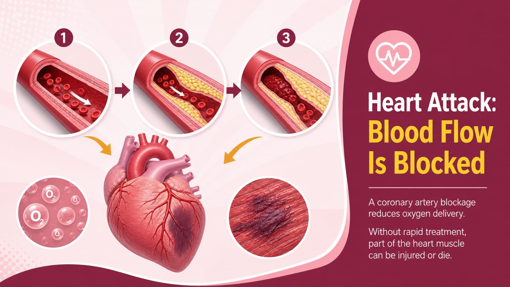 Medical education slide explaining how a blocked coronary artery can cause a heart attack.