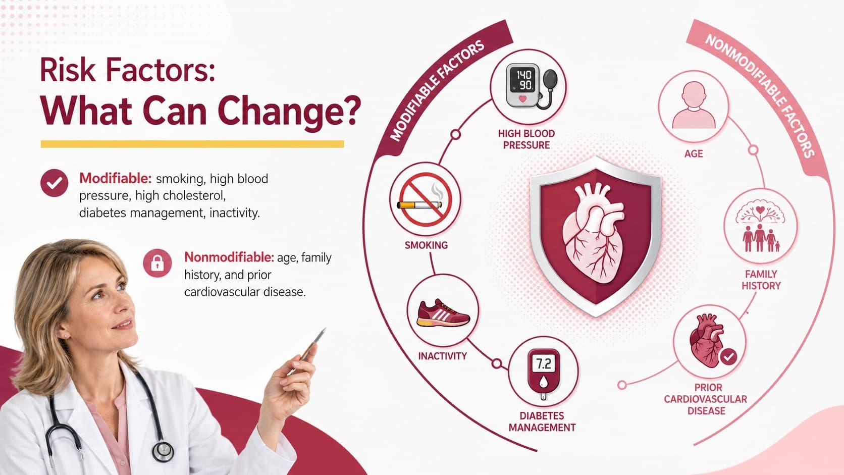 Cardiology teaching slide grouping modifiable and nonmodifiable risk factors for cardiac conditions.