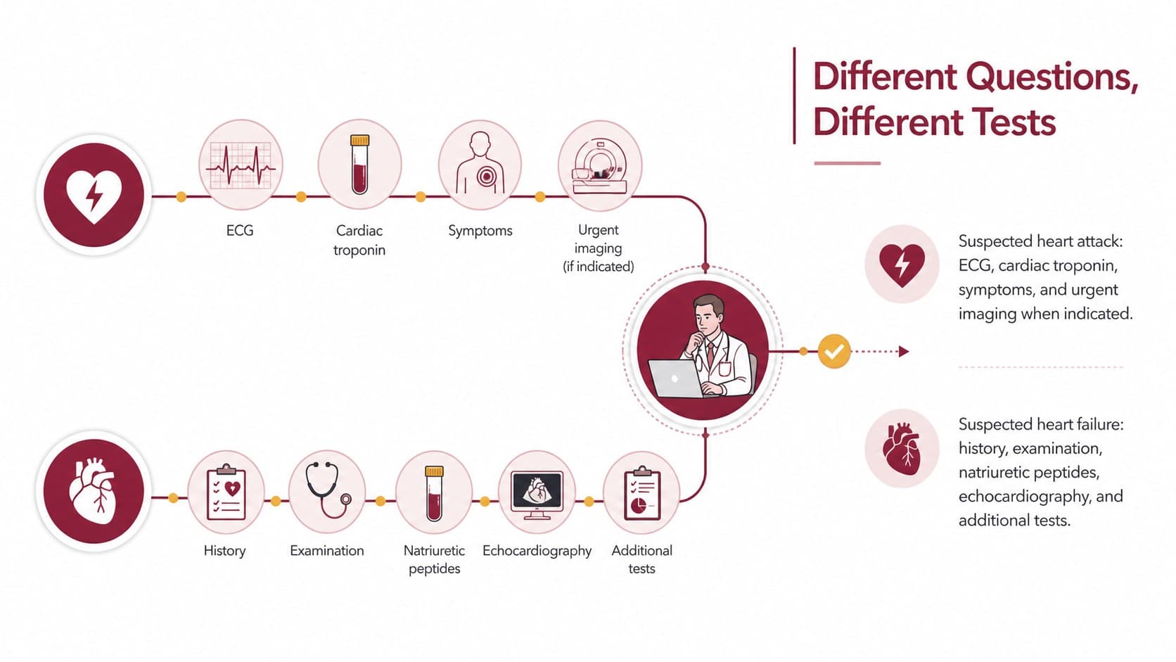 Clinical diagnosis pathway comparing ECG and troponin testing with heart failure assessment methods.