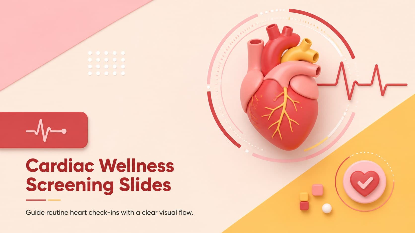 Cover for Cardiac Wellness Screening Slides with colorful 3D heart imagery in red, pink, and yellow.