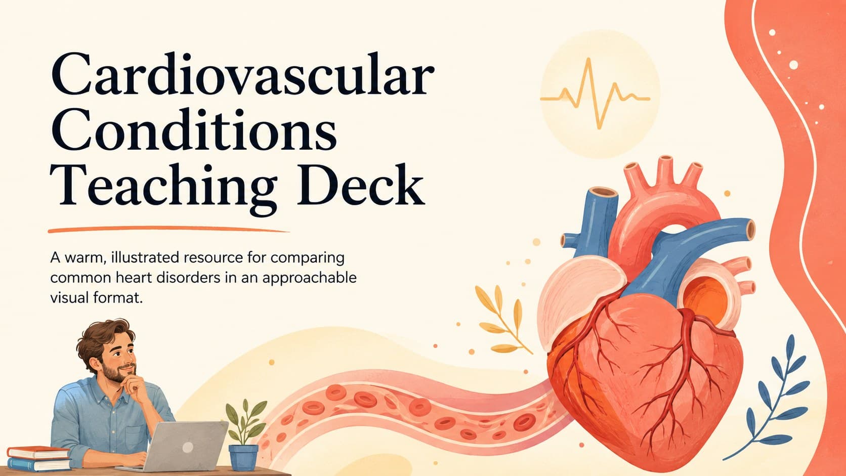 Cover of the Cardiovascular Conditions Teaching Deck with warm beige medical illustrations of the heart.