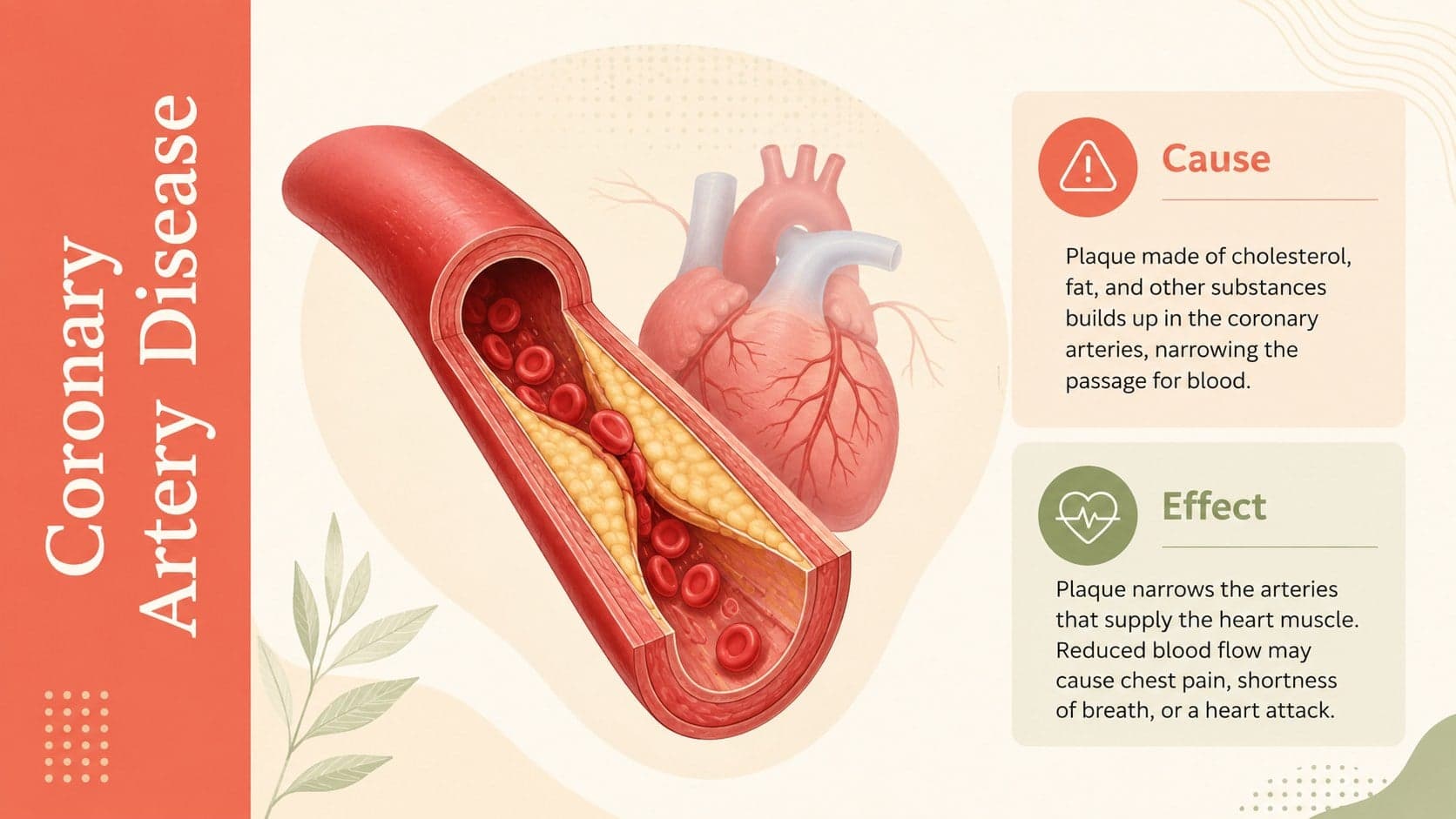 Coronary artery disease education slide with an original artery narrowing diagram and concise explanation.