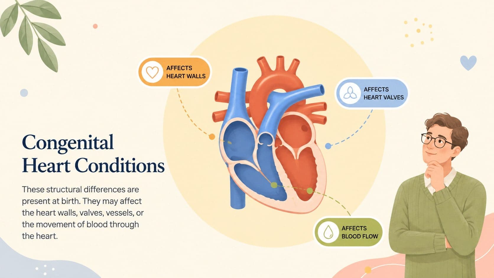 Congenital heart conditions lesson slide featuring a simplified original heart structure diagram.