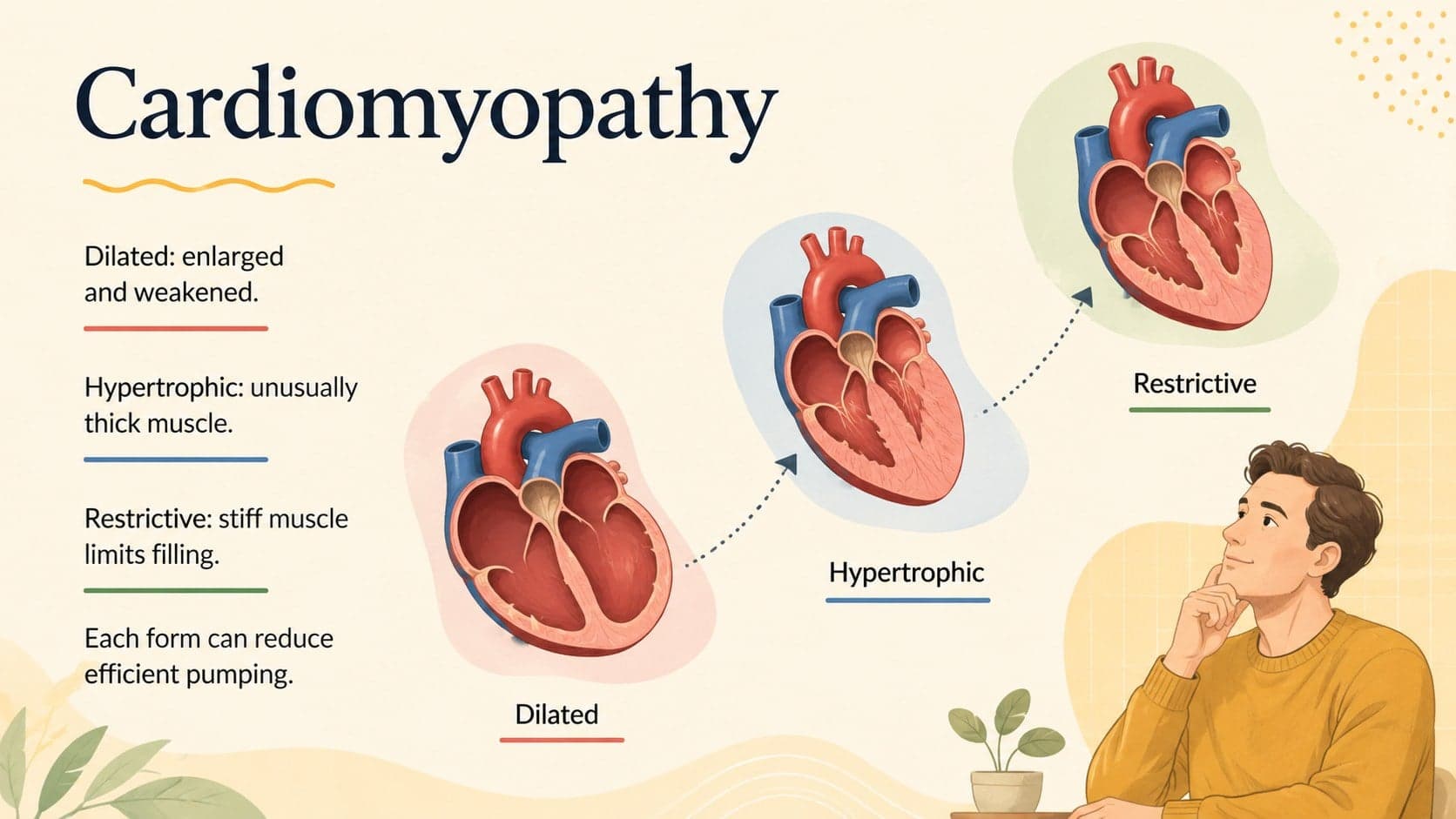 Cardiomyopathy presentation slide comparing dilated, hypertrophic, and restrictive forms with heart illustrations.