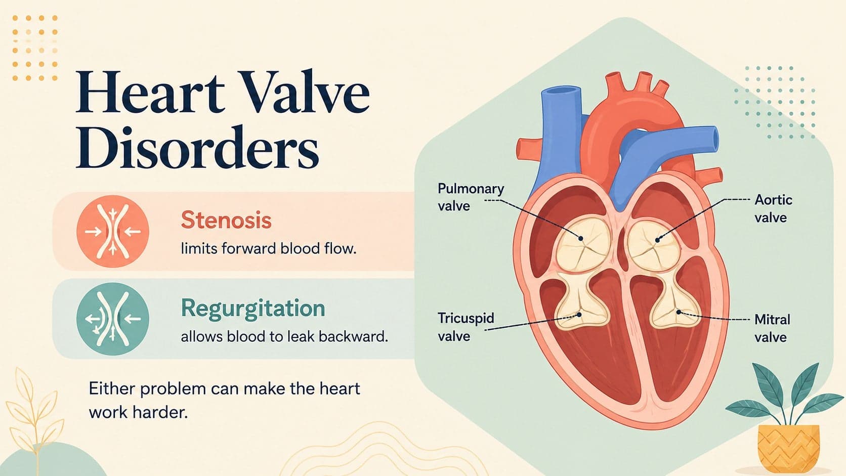 Heart valve disorder slide using an illustrated four-valve diagram and short functional explanation.