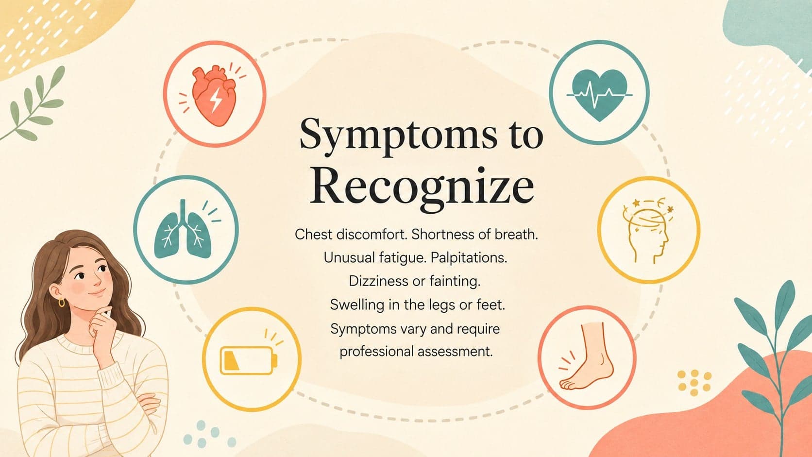Common heart disease symptoms slide with original icons for chest discomfort, breathlessness, fatigue, and dizziness.