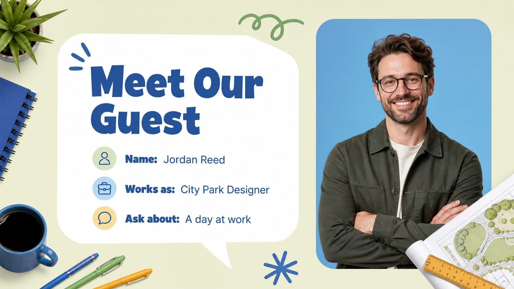 Elementary career exploration slides introducing a guest speaker with a friendly illustrated profile layout.