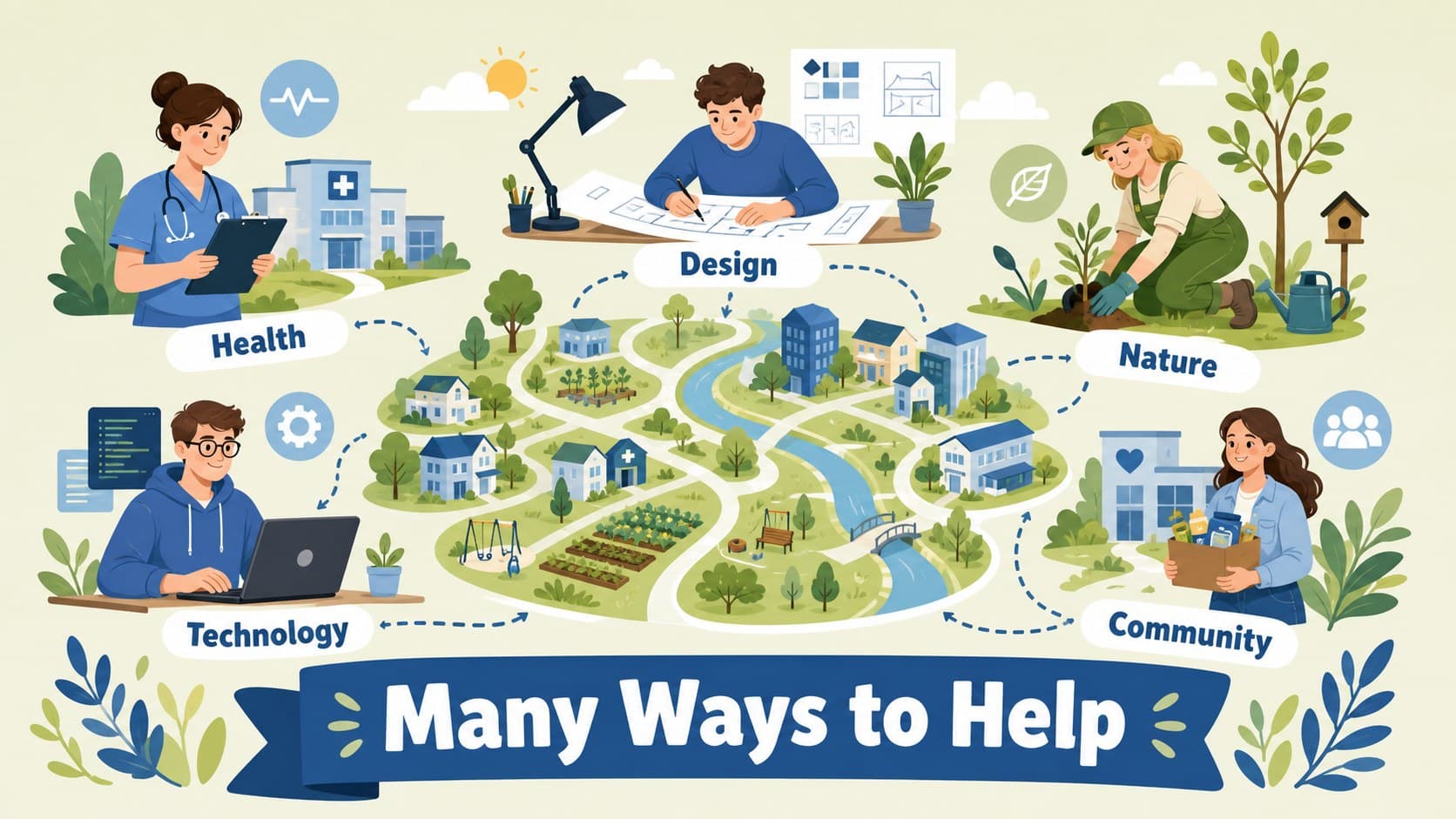Career day classroom activities slide displaying a visual map of different professions.