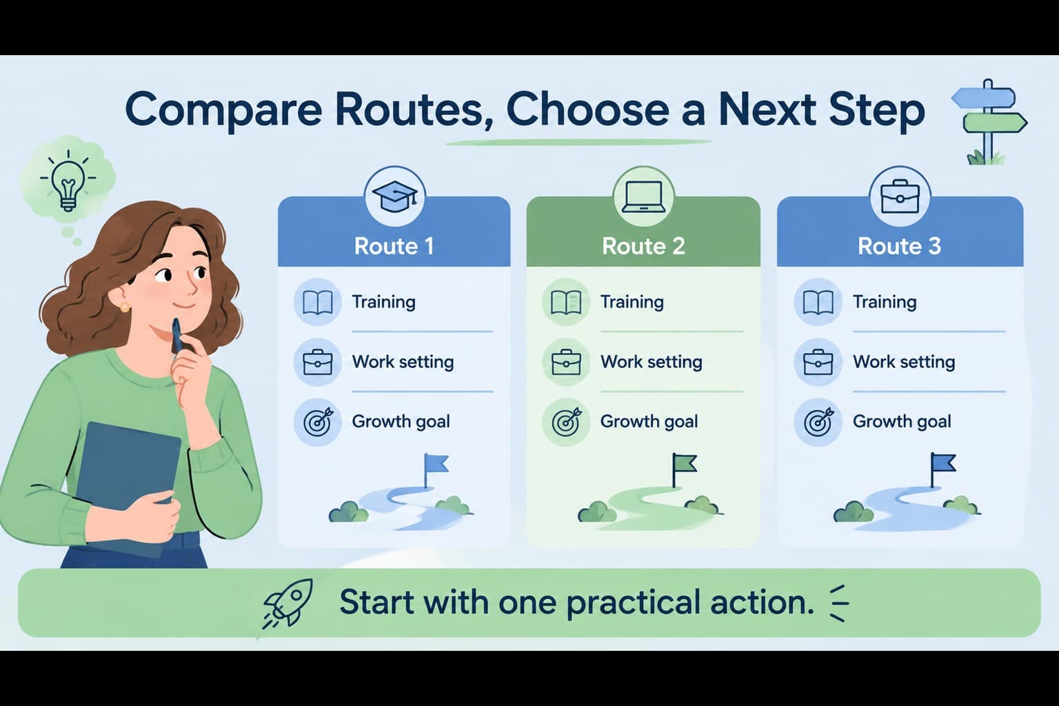 Career decision infographic slide comparing training routes, work settings, and recommended action steps.