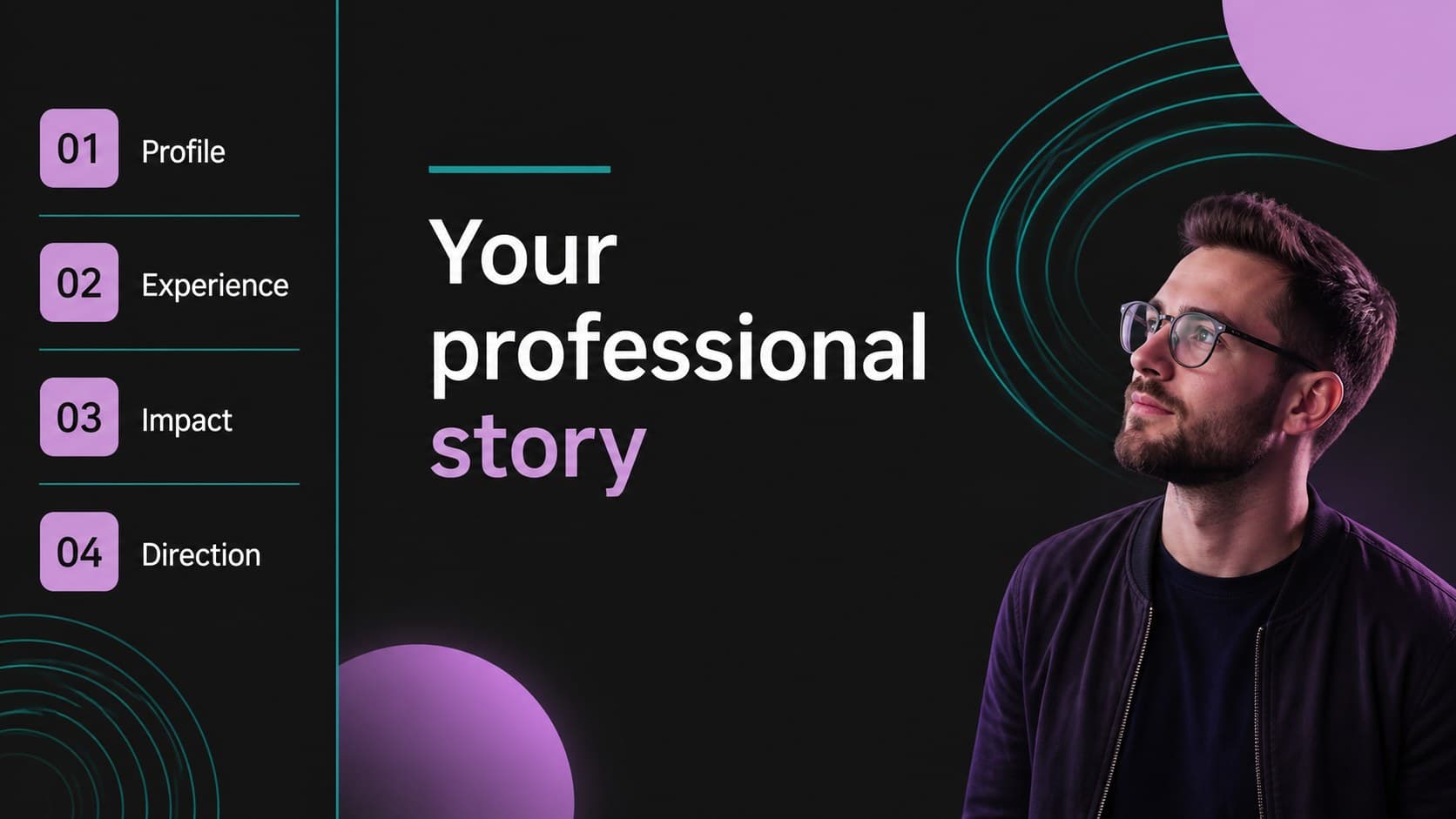 Career profile presentation agenda slide outlining a professional story and key sections.