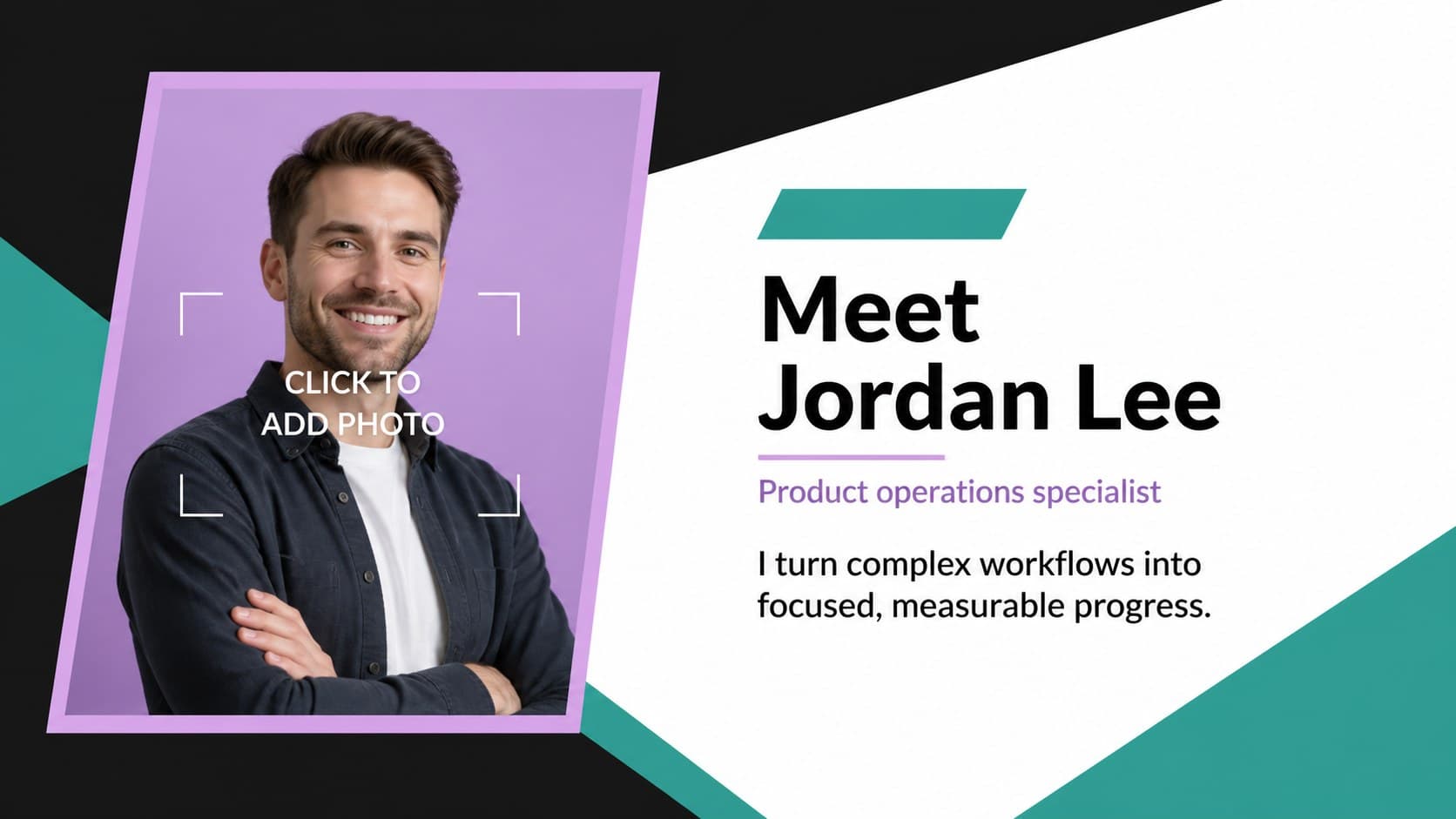 Professional branding slide introducing a candidate with a portrait placeholder and concise career summary.