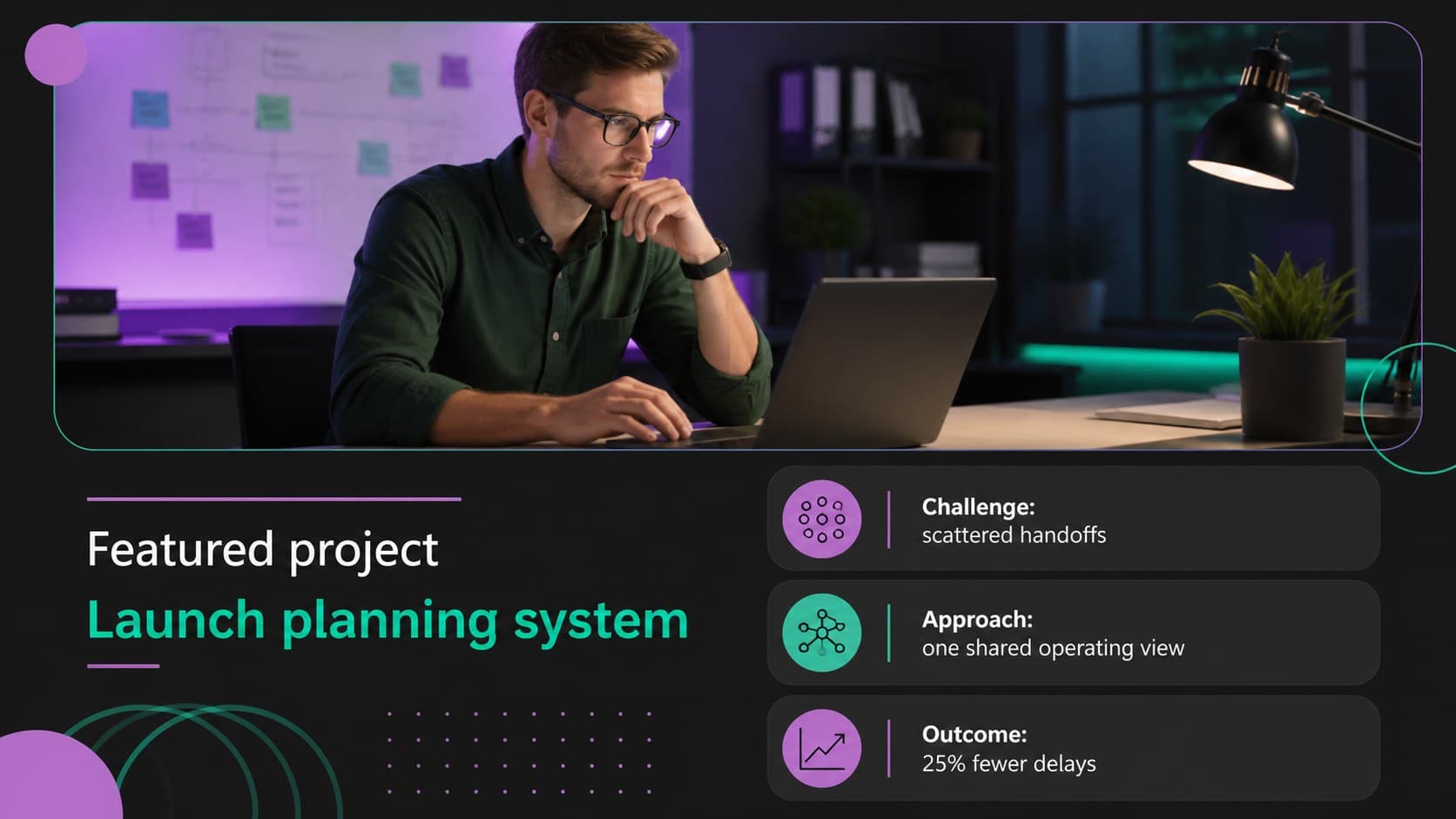 Editable career portfolio deck slide highlighting a featured project and its business outcome.