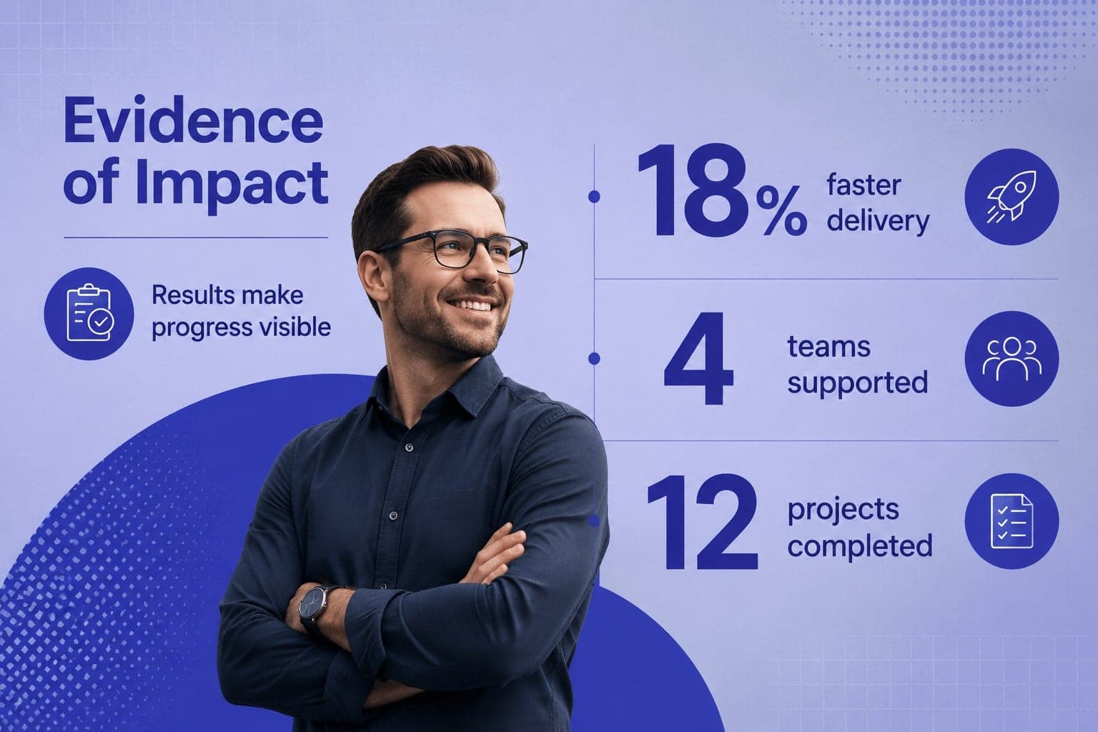 Professional achievements slide presenting impact metrics and career evidence in infographic form.