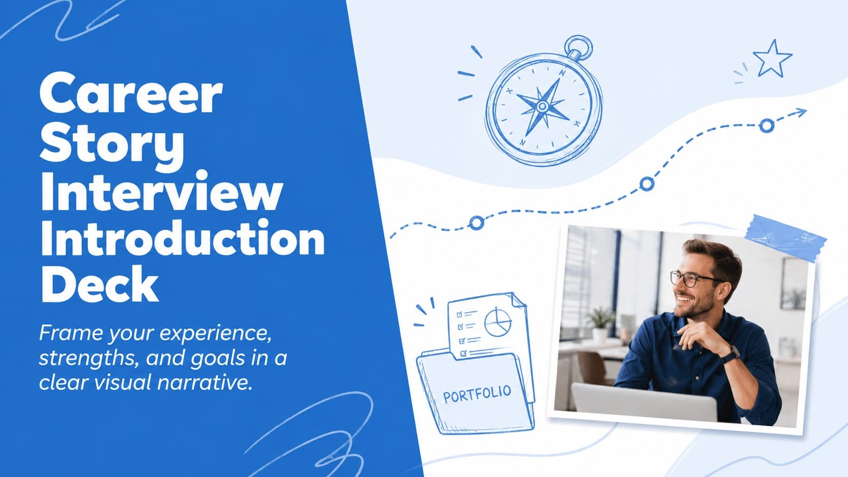 Cover of a blue-and-white career story interview introduction deck with hand-drawn professional accents.