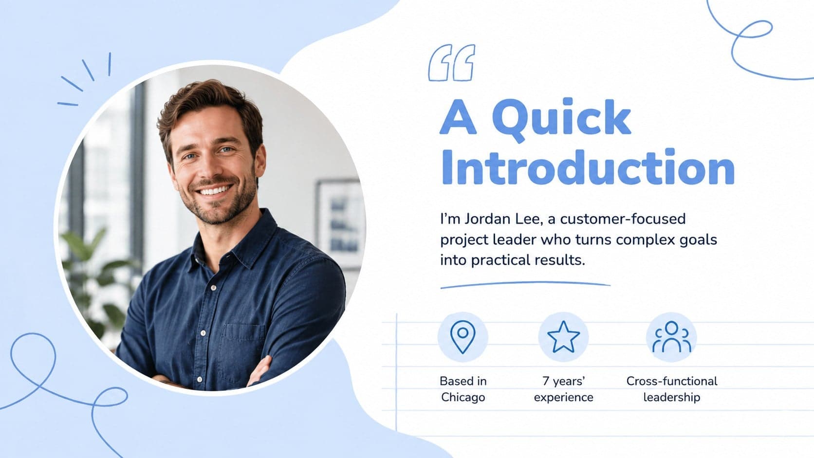 Professional profile slide from a career story presentation for an interview with a portrait area and short introduction.