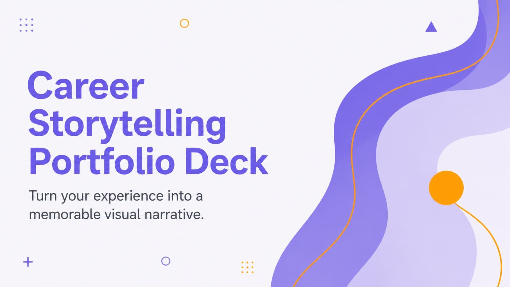 Cover slide for a career storytelling portfolio deck with vibrant purple, violet, and orange shapes.