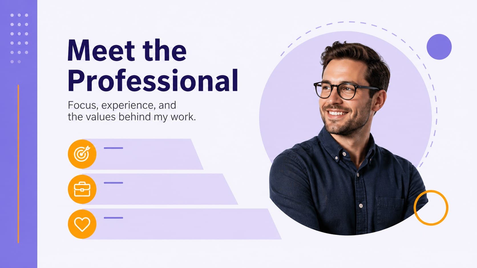 Professional introduction slide presenting a concise personal profile and career focus.