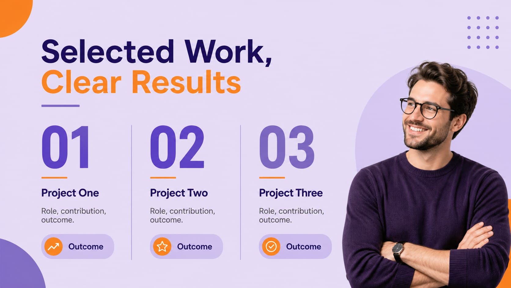 Project highlights slide displaying three portfolio projects with outcomes and roles.