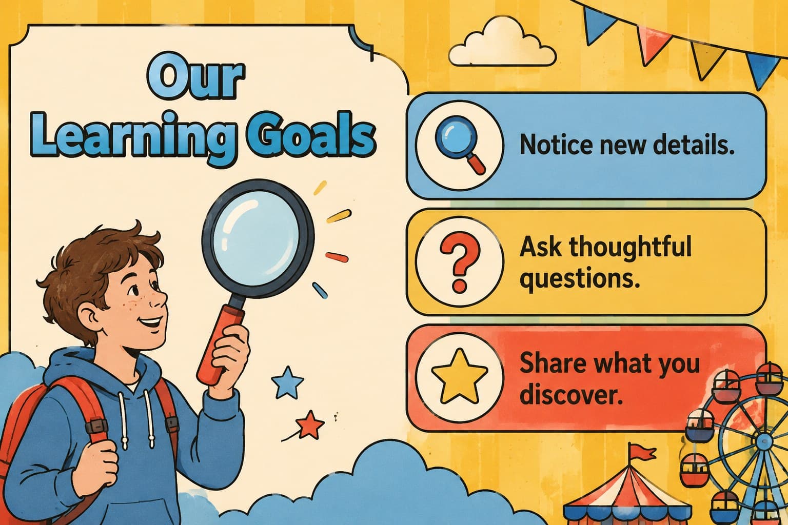 Colorful field trip goals slide showing learning objectives with retro carnival icons.