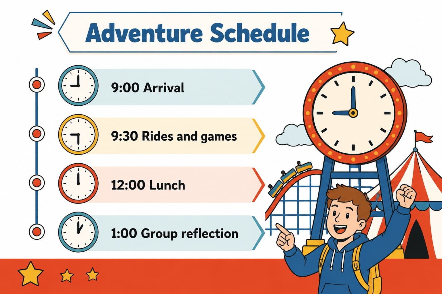 Carnival outing itinerary slide with a playful timeline for arrival, activities, lunch, and departure.