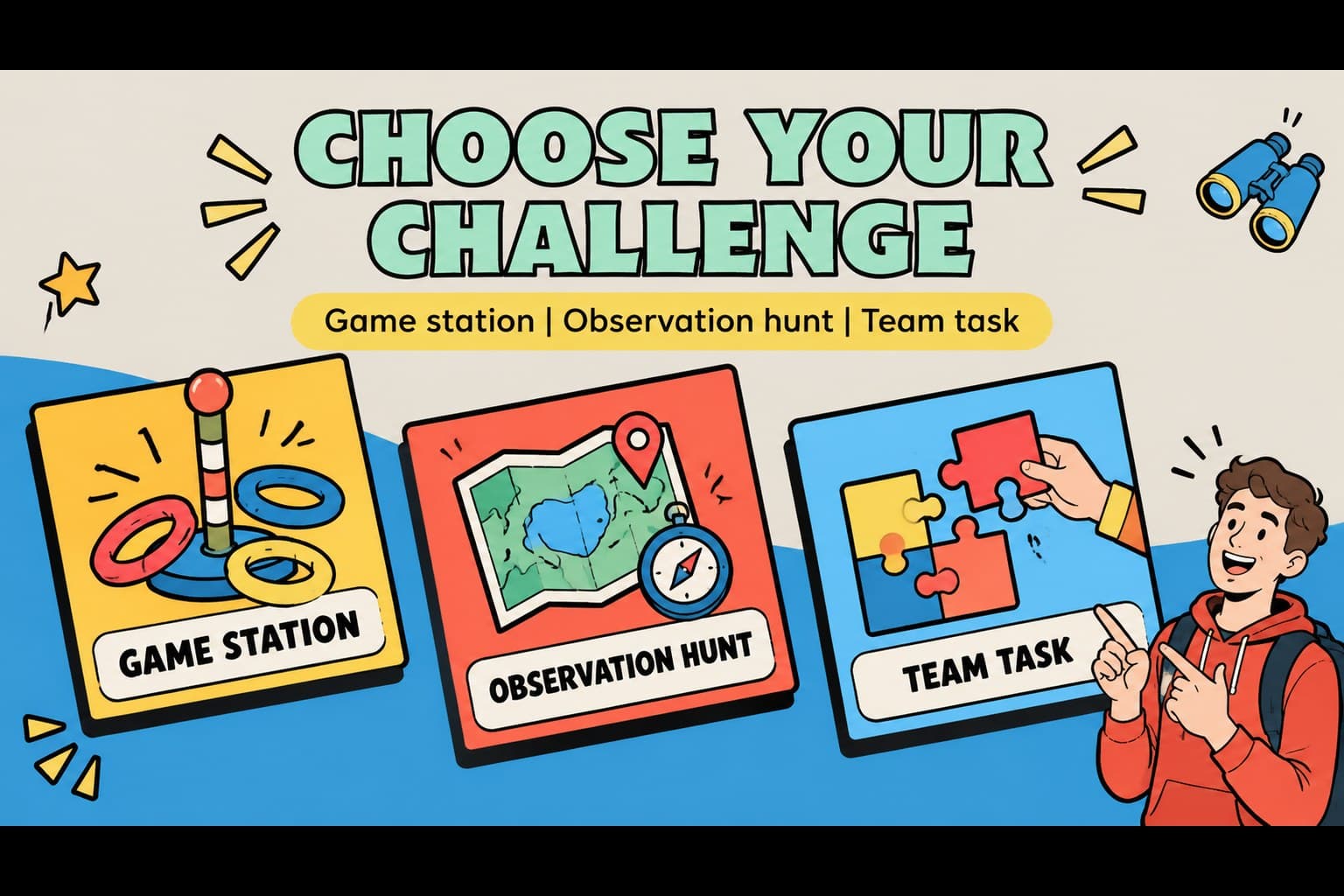 Student activity station slide presenting carnival games, observation tasks, and group challenges.