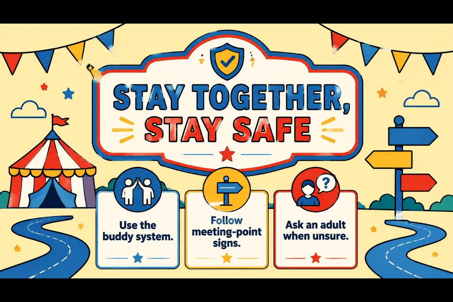 Retro school outing safety slide with clear reminders framed by colorful fairground illustrations.