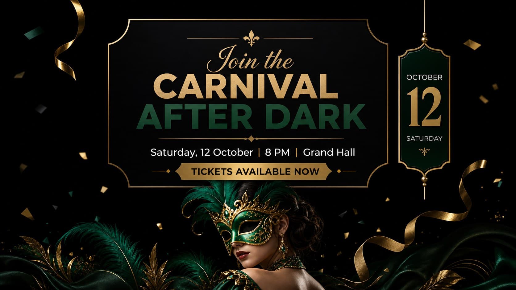 Editable Mardi Gras event announcement slide showing date, venue, and ticket details in a black 3D layout.