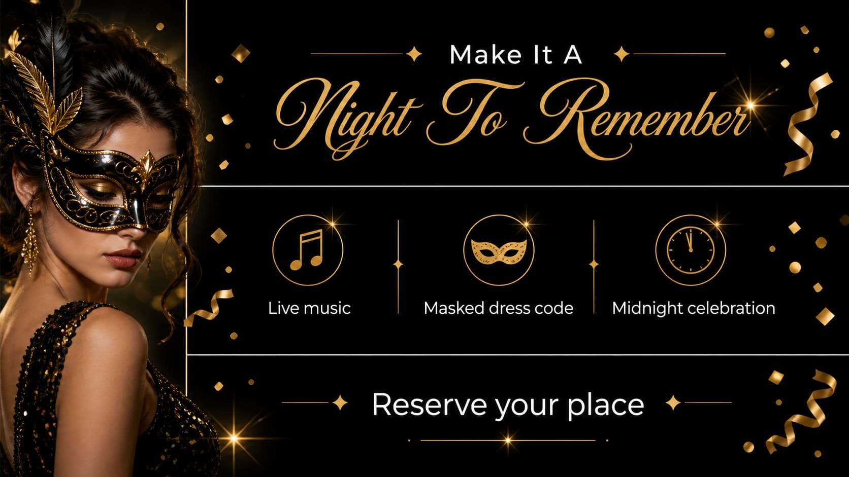 Black themed party invitation slide with celebration highlights, dress code, and performer information.