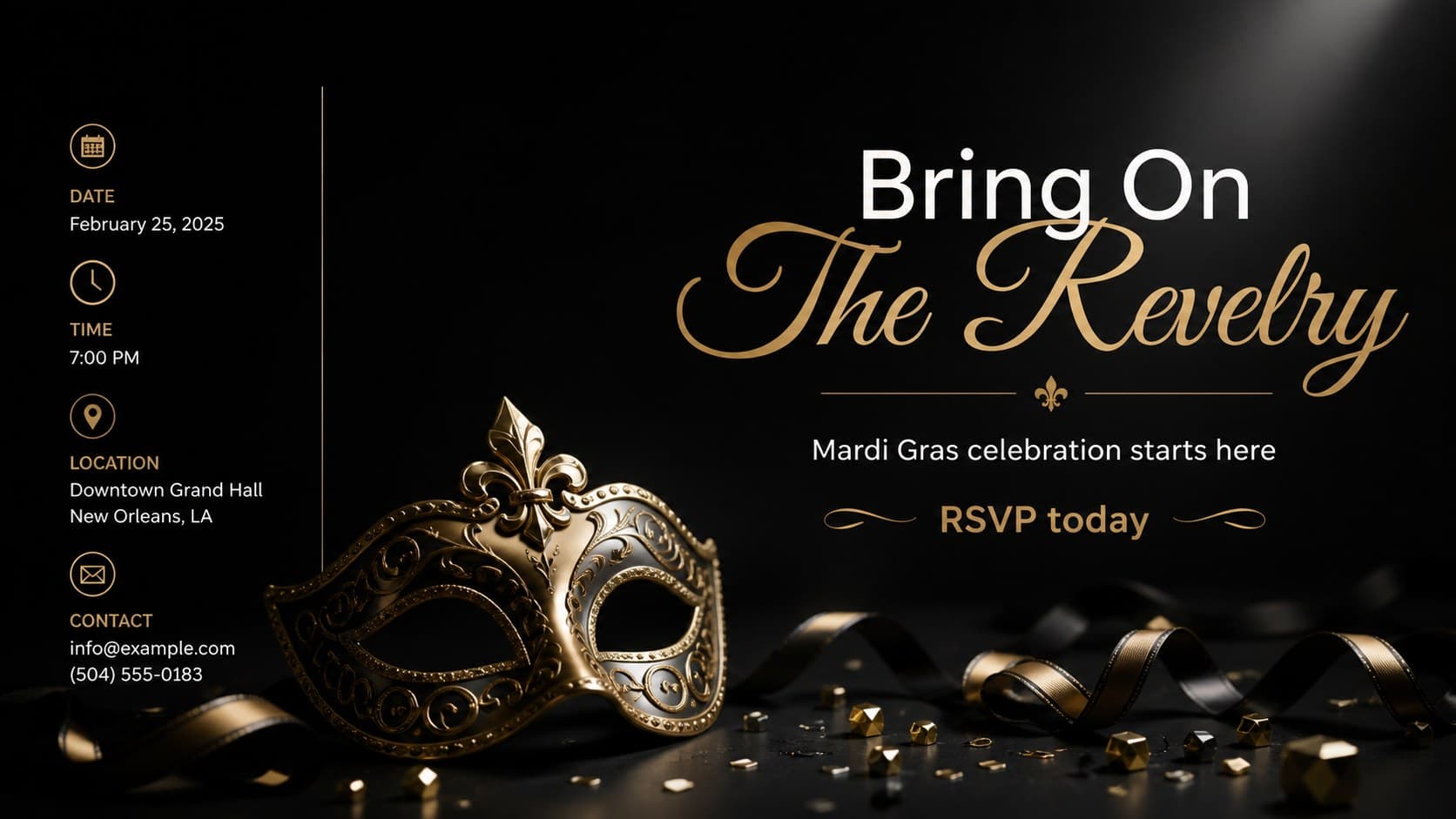 Carnival festival closing slide with a bold RSVP message and black dimensional celebration graphics.
