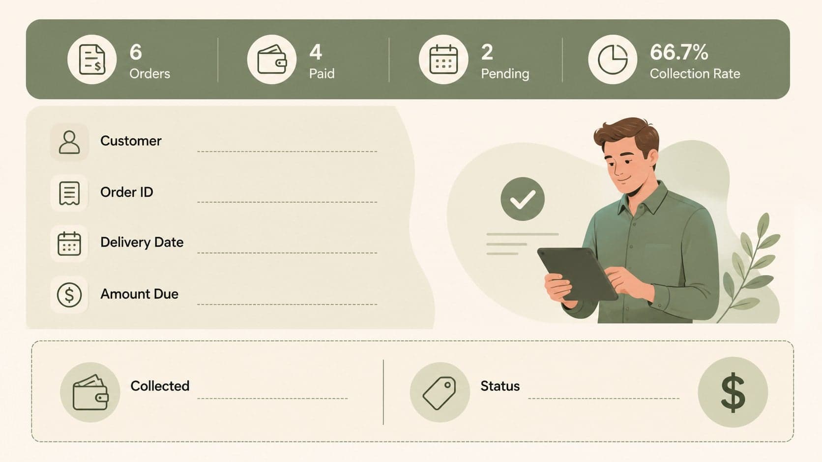 Editable cash payment invoice presentation slide showing customer, order, delivery, and payment fields in green and beige.