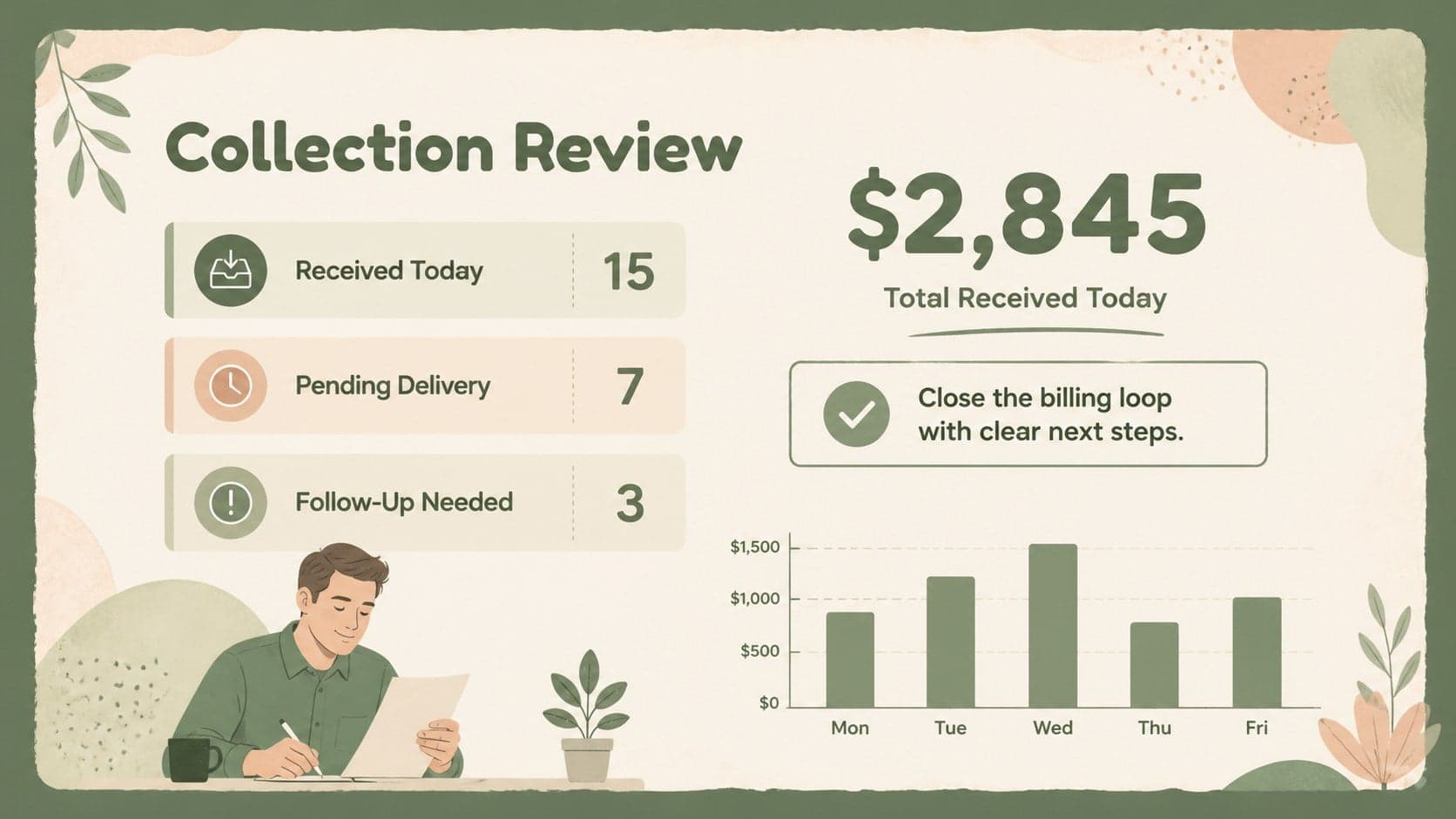 Cash collection report template slide summarizing received payments, pending orders, and next actions.