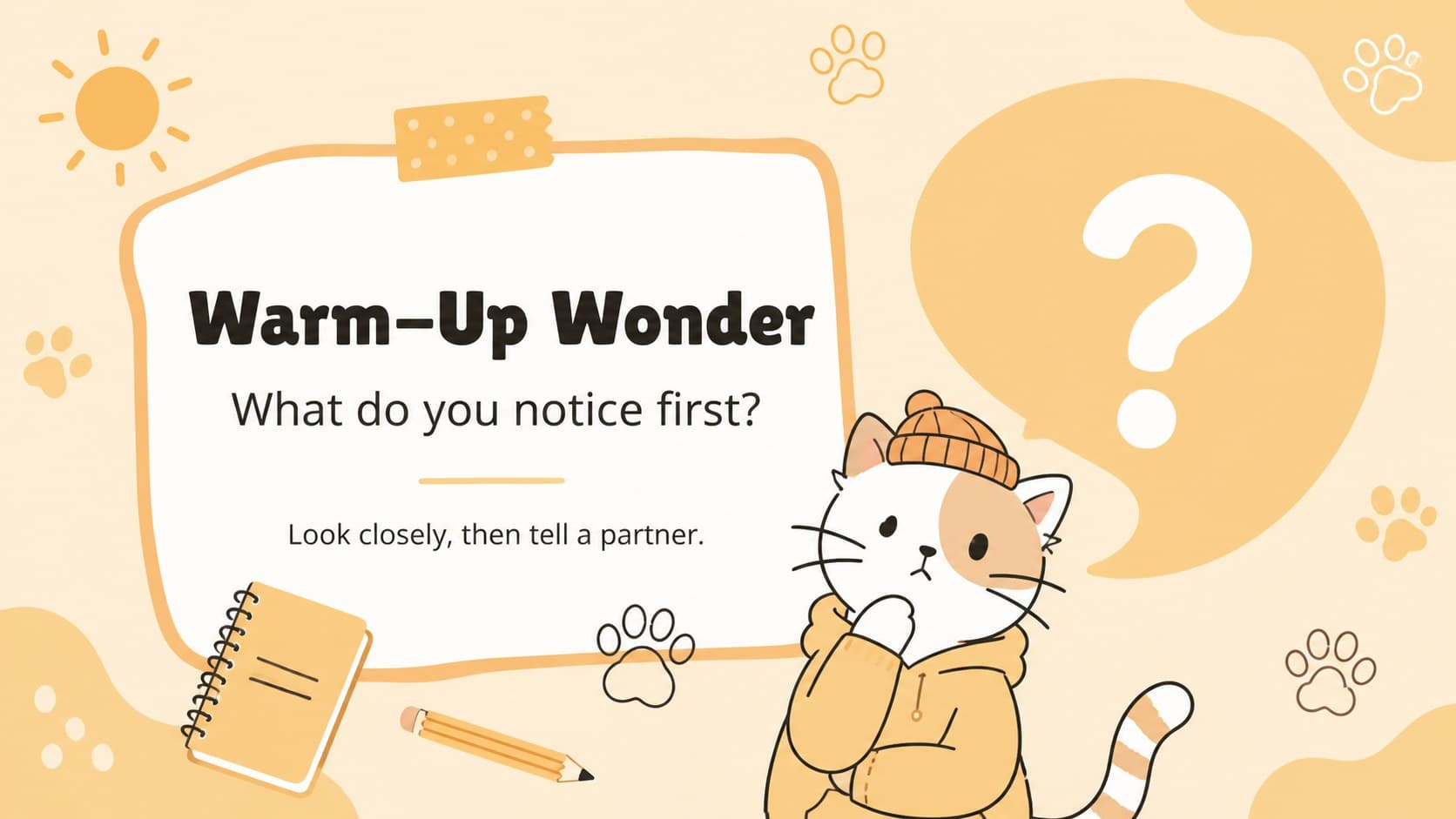 Classroom warm-up slide with a cat observation prompt and colorful interactive lesson visuals.