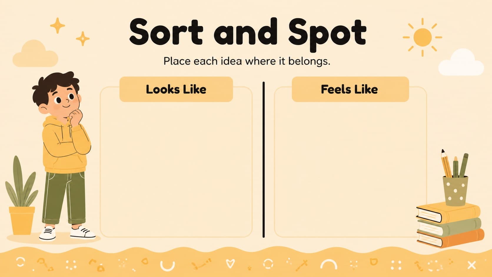 Visual sorting activity slide with playful animal icons and warm classroom colors.