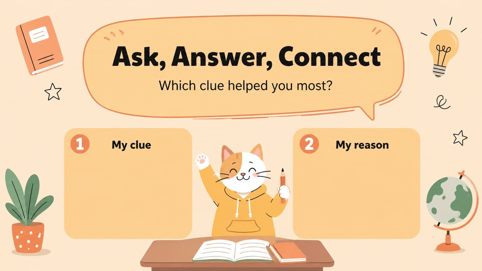 Question-and-answer slide for a cute cat teaching presentation with editable discussion prompts.