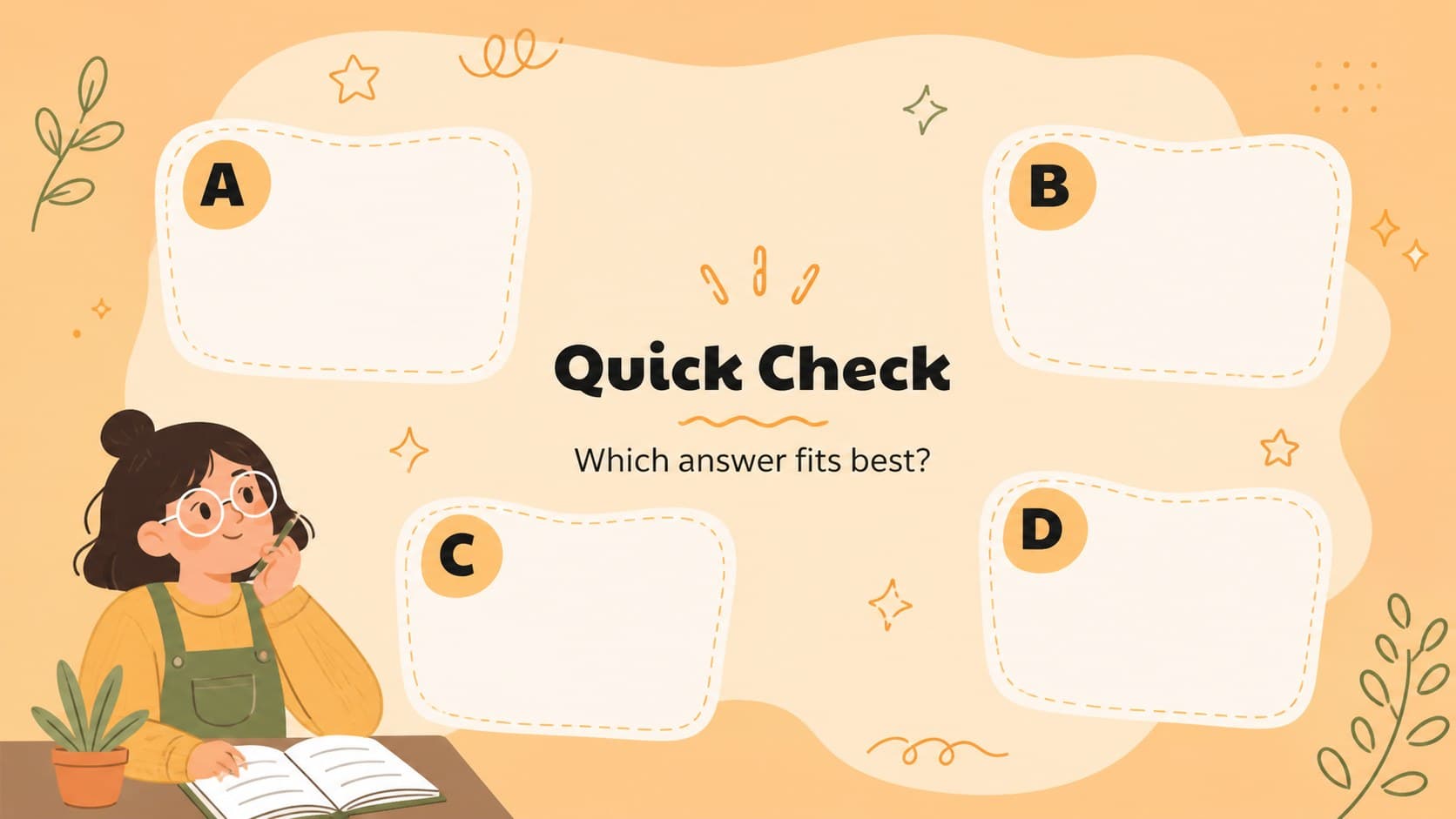 Mini quiz slide with colorful answer choices for playful learning activities for kindergarten.
